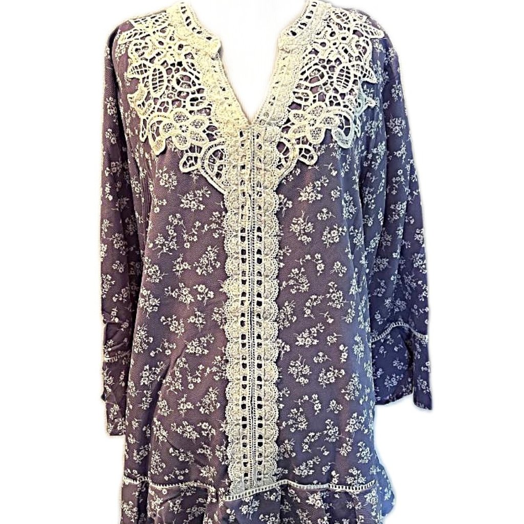 Nwt Suzanne Betro Women's Blouse 1x Purple Floral V-Neck Lace Boho Peasant Tunic